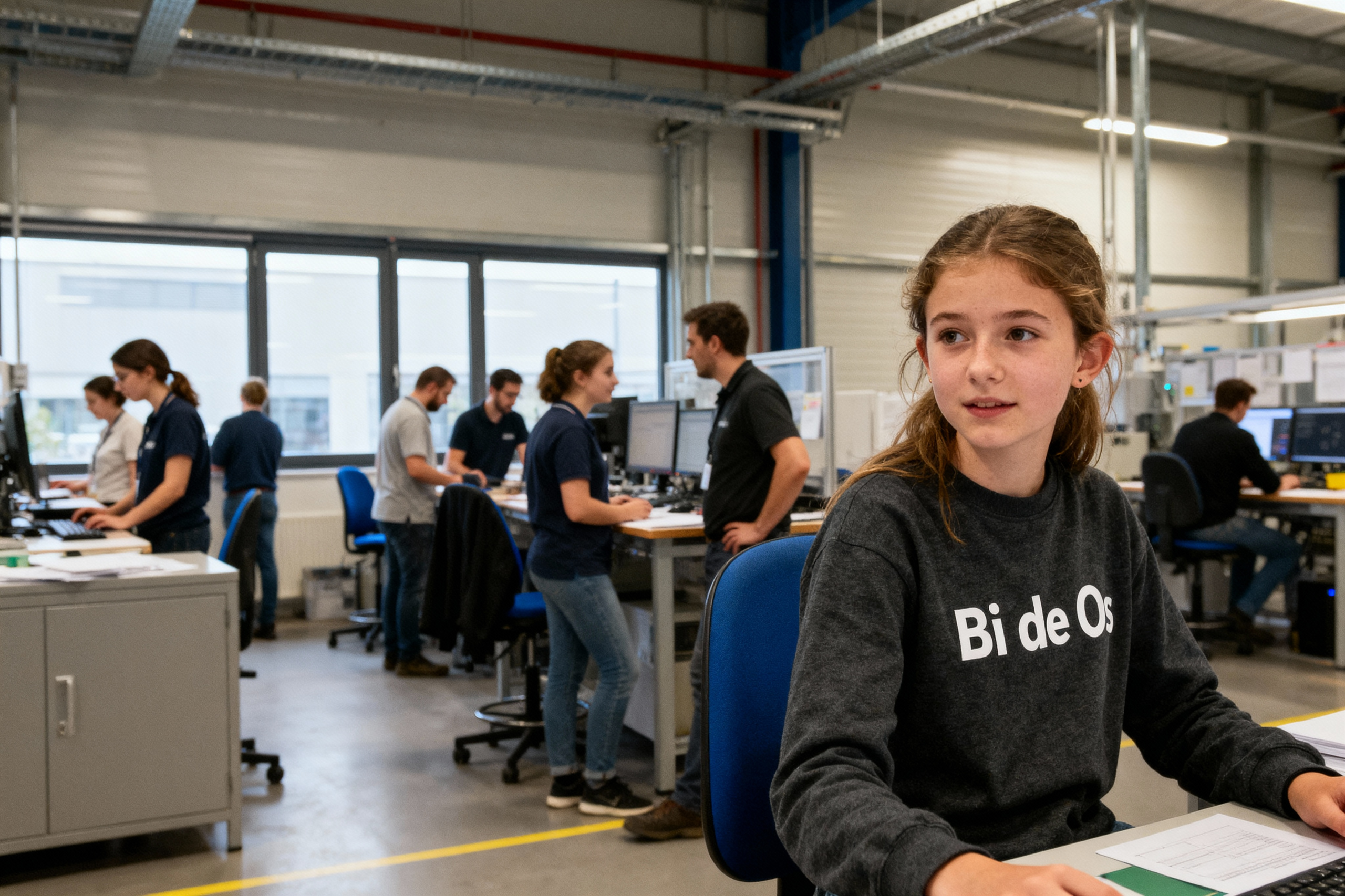pexels-michal-pech-213601-757318 (1) Une adolescente assise à un bureau, entourée de collègues travaillant sur des ordinateurs dans un environnement de bureau moderne.