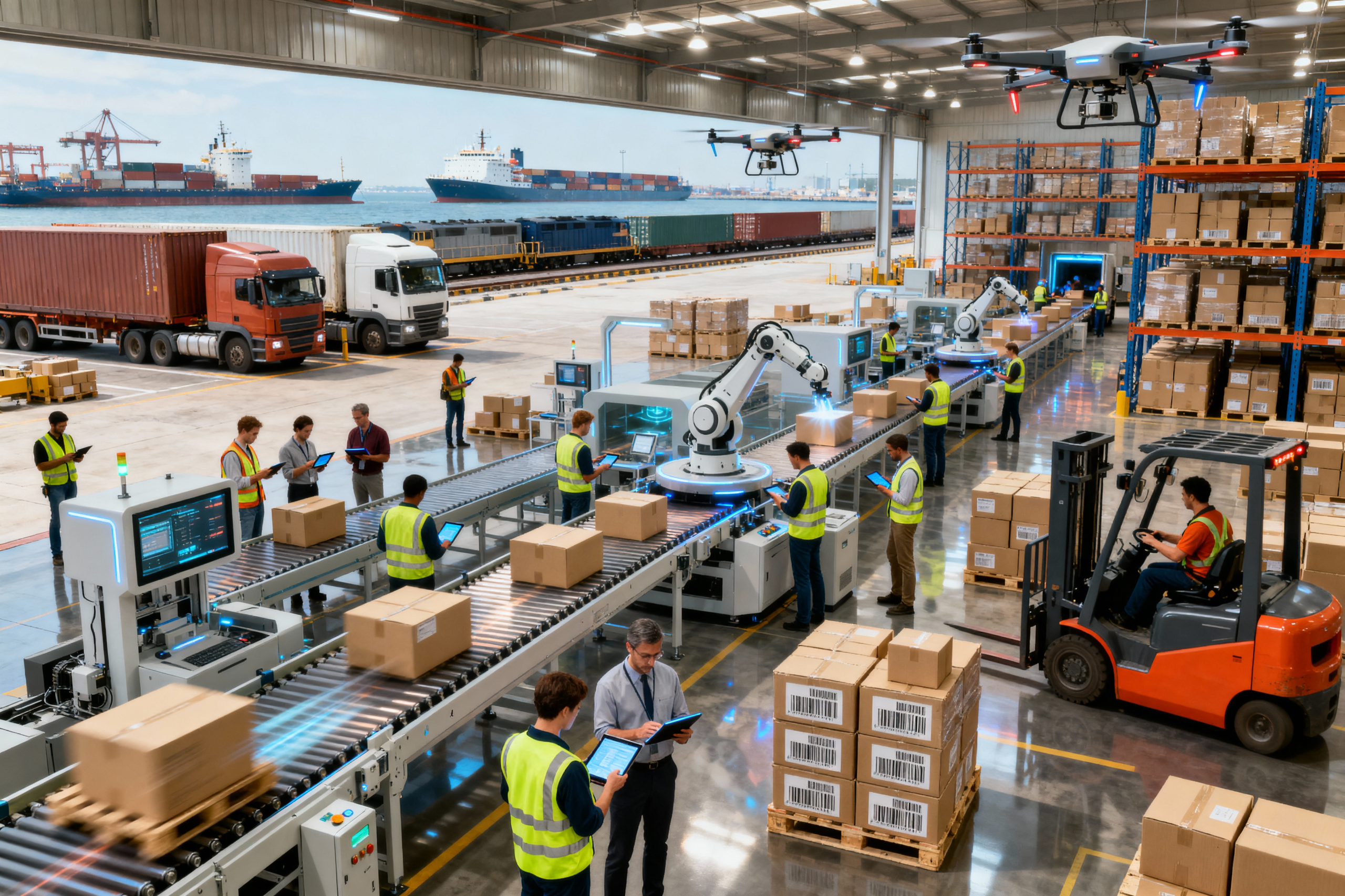 pexels-michal-pech-213601-757318 (1) Entrepôt moderne avec employés, robots, et drones, optimisant le traitement de colis près de grands navires de marchandises.