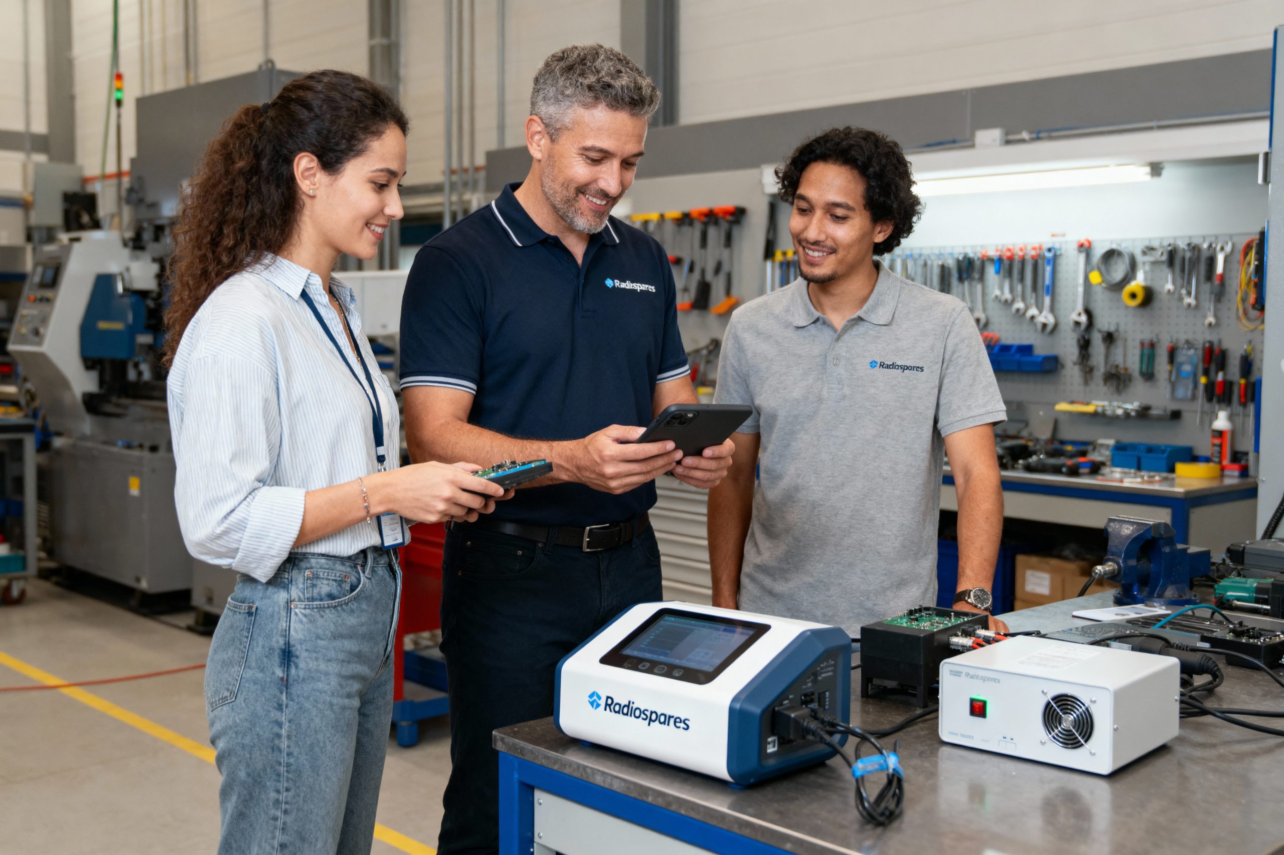 pexels-michal-pech-213601-757318 (1) Trois personnes échangées autour de matériels électroniques dans un environnement de travail technique, avec des outils et équipements en arrière-plan.