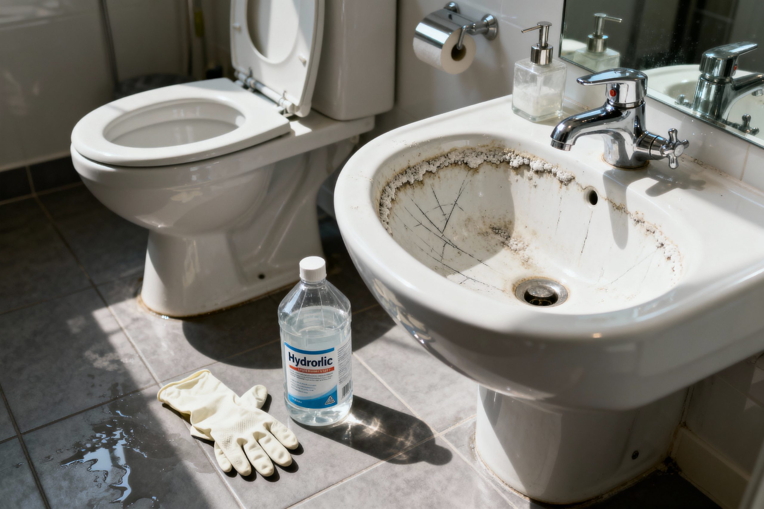 pexels-michal-pech-213601-757318 (1) Salle de bains avec un lavabo sale, un toilette, des gants en latex et une bouteille de nettoyant. Sol légèrement humide.