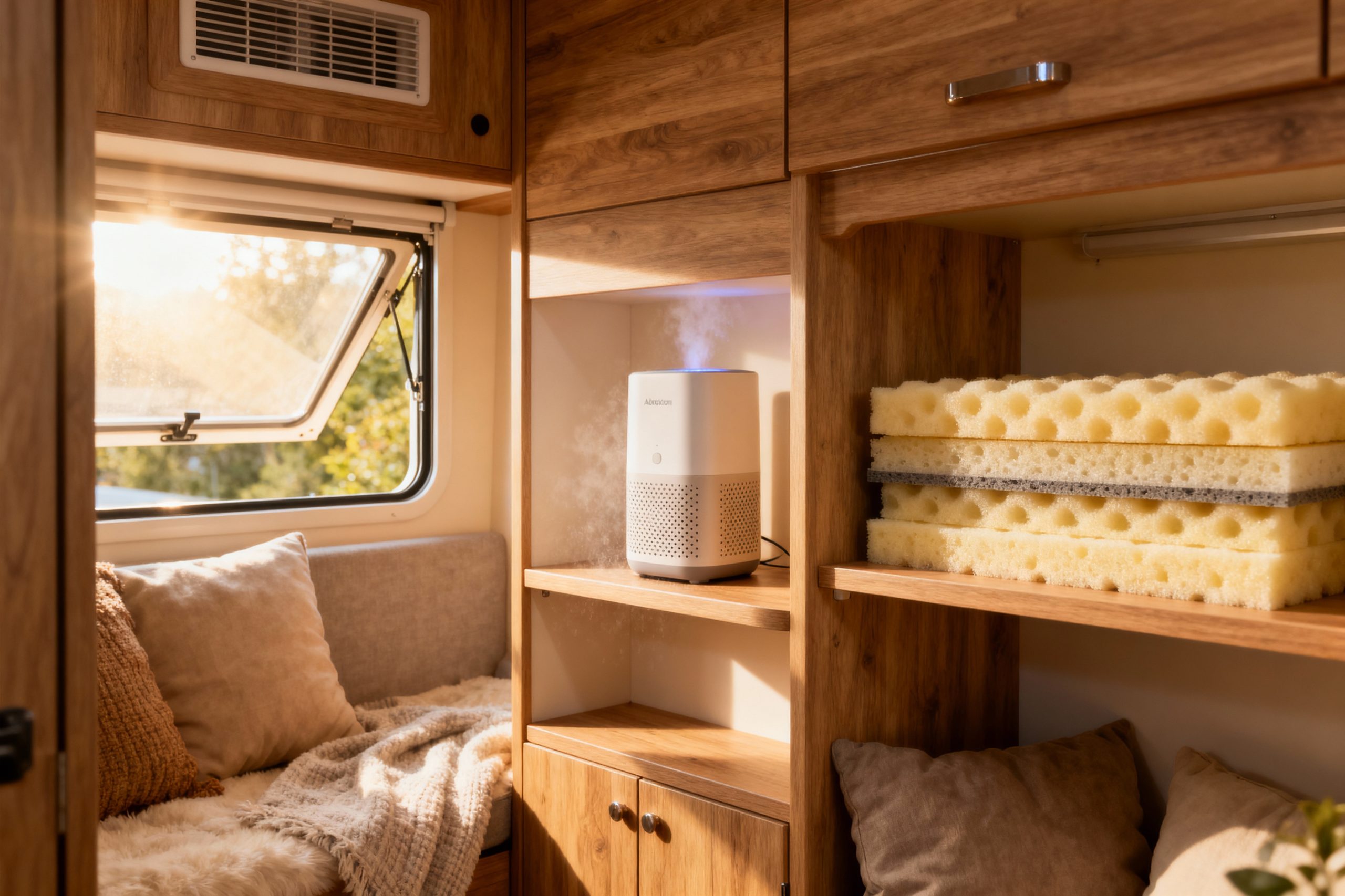pexels-michal-pech-213601-757318 (1) Intérieur d'un van en bois avec un humidificateur, des coussins et une fenêtre ouverte laissant entrer la lumière.
