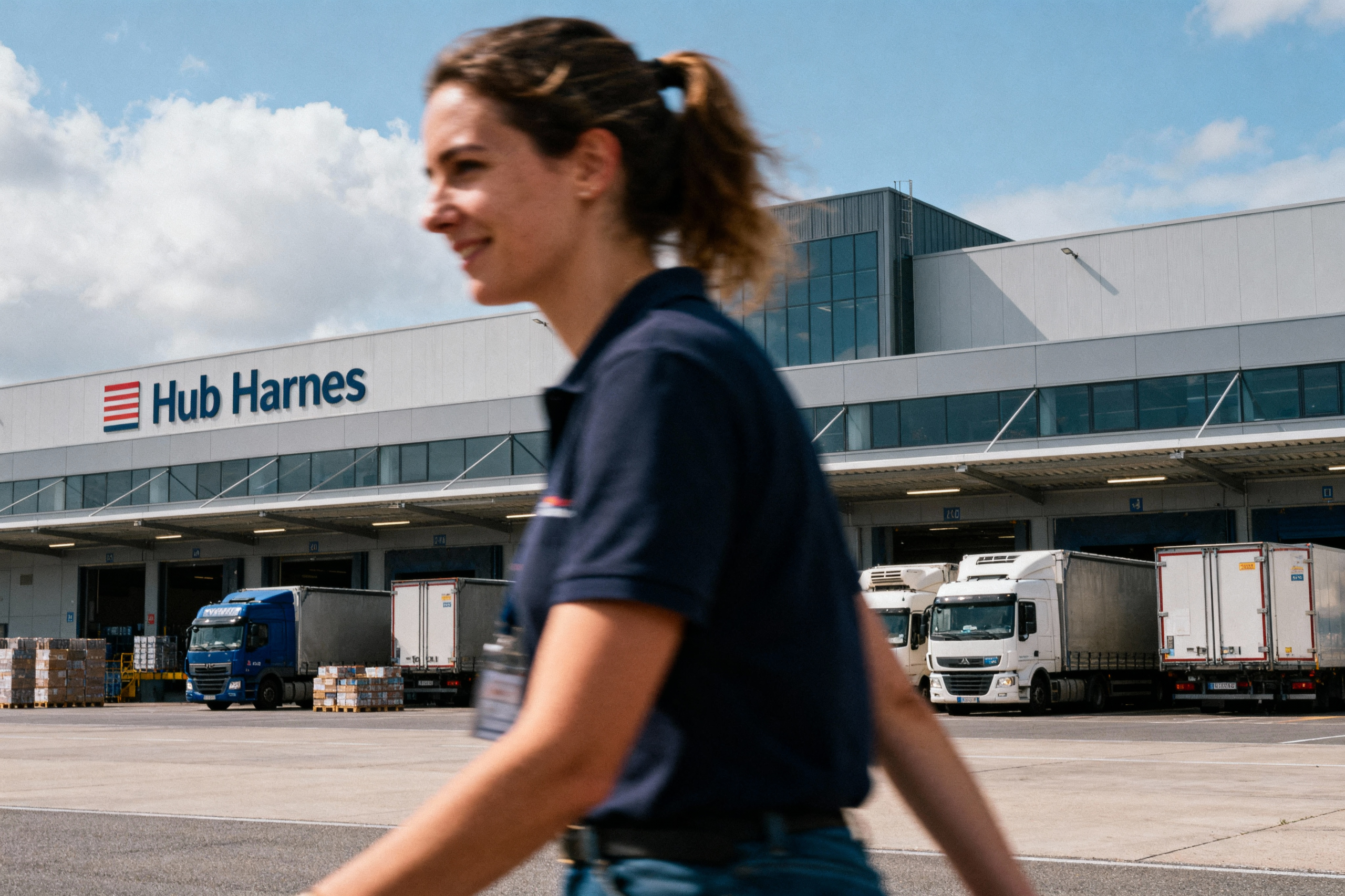 pexels-michal-pech-213601-757318 (1) Une employée marche devant un entrepôt Hub Harnes, avec des camions de livraison stationnés et un ciel ensoleillé.