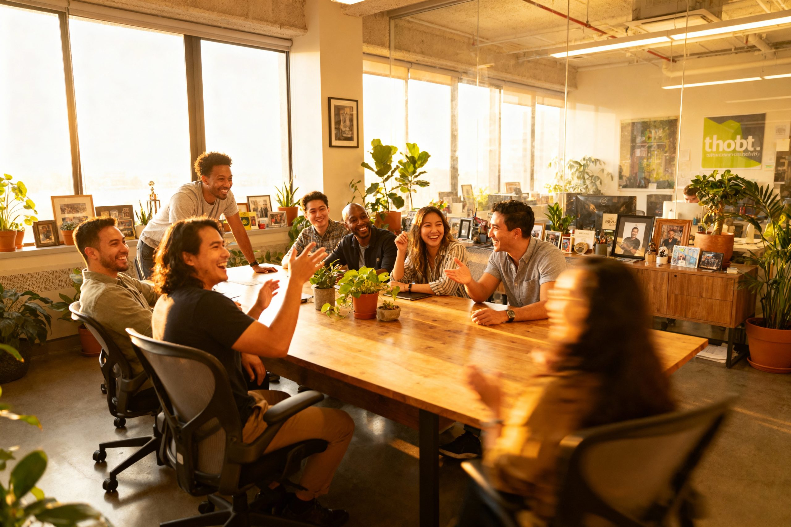 pexels-michal-pech-213601-757318 (1) Groupe diversifié de personnes souriantes autour d'une table dans un bureau lumineux, avec des plantes et des photos en arrière-plan.