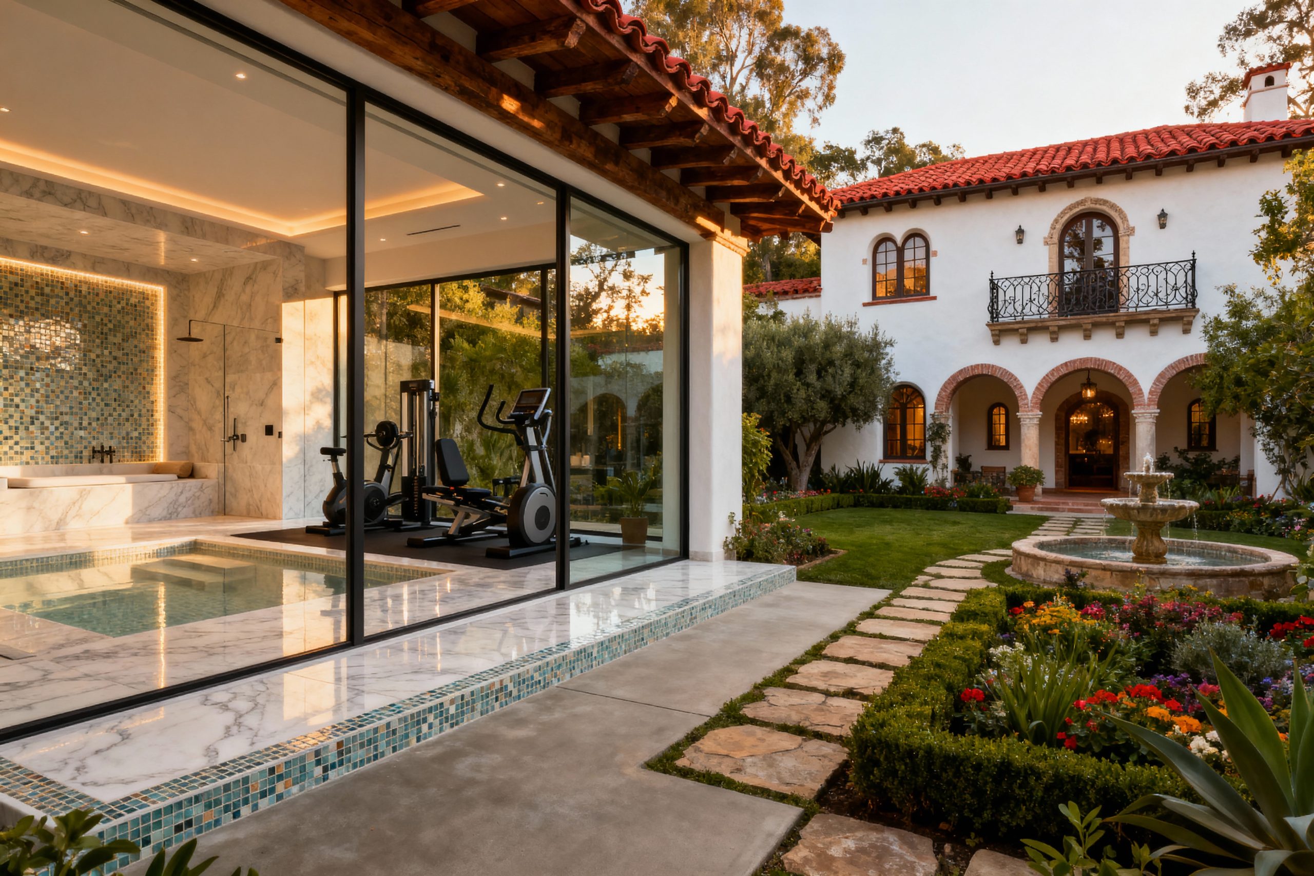 Maison moderne avec piscine intérieure et salle de gym, jardin fleuri à l'extérieur, style architectural californien avec décoration raffinée.