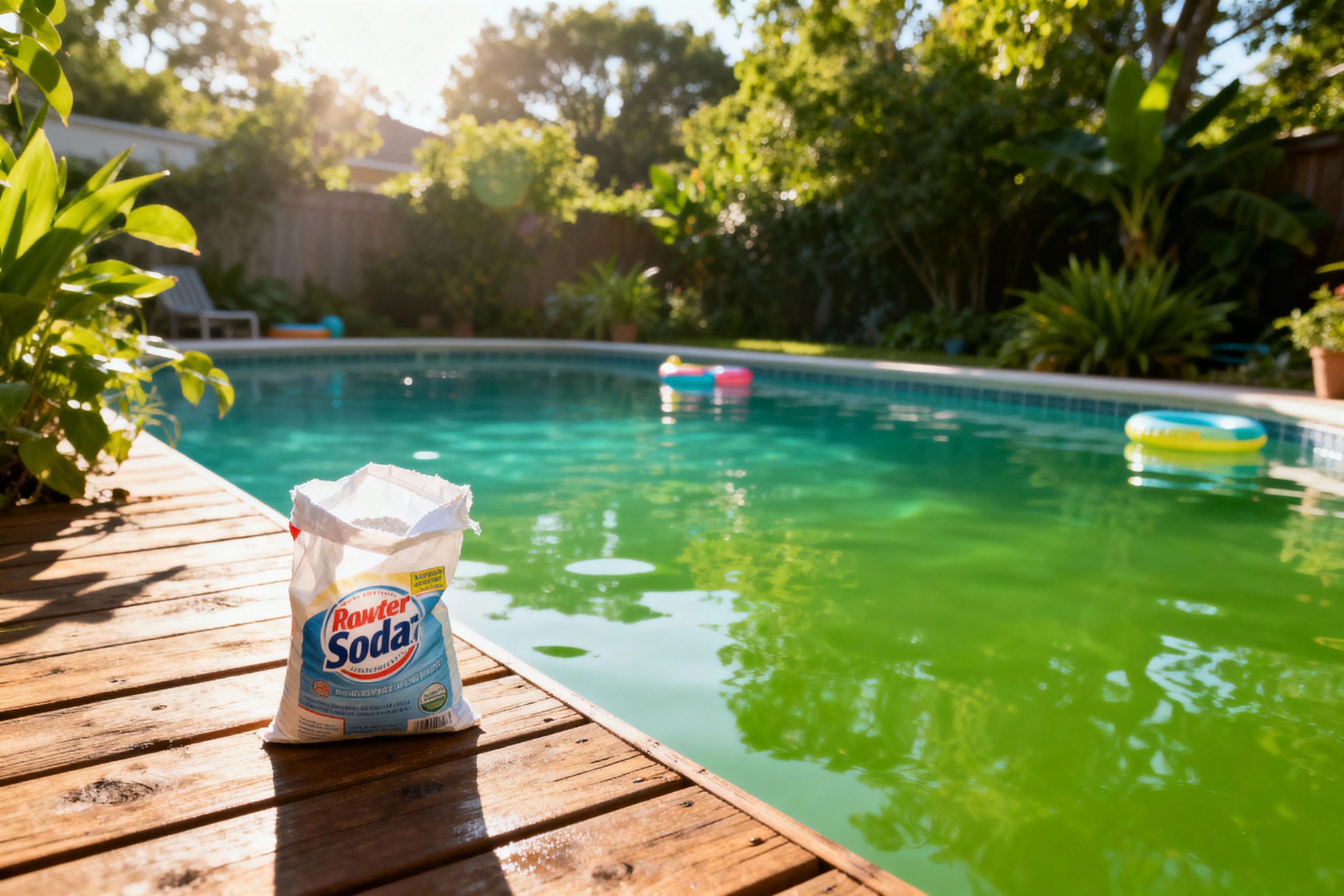 pexels-michal-pech-213601-757318 (1) Un paquet de "Rowter Soda" posé sur une terrasse en bois, près d'une piscine d'eau verte, entourée de plantes.
