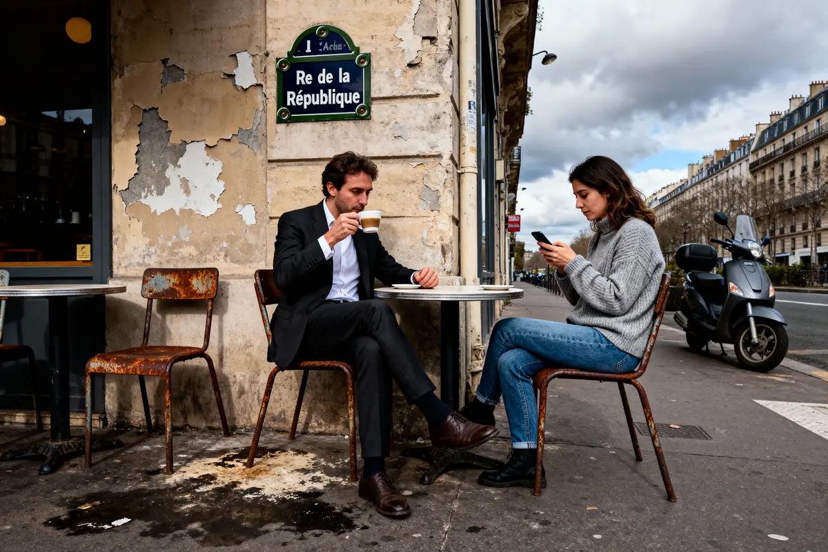 pexels-michal-pech-213601-757318 (1) Deux personnes à une terrasse de café, homme buvant un café, femme utilisant son téléphone. Rue animée.