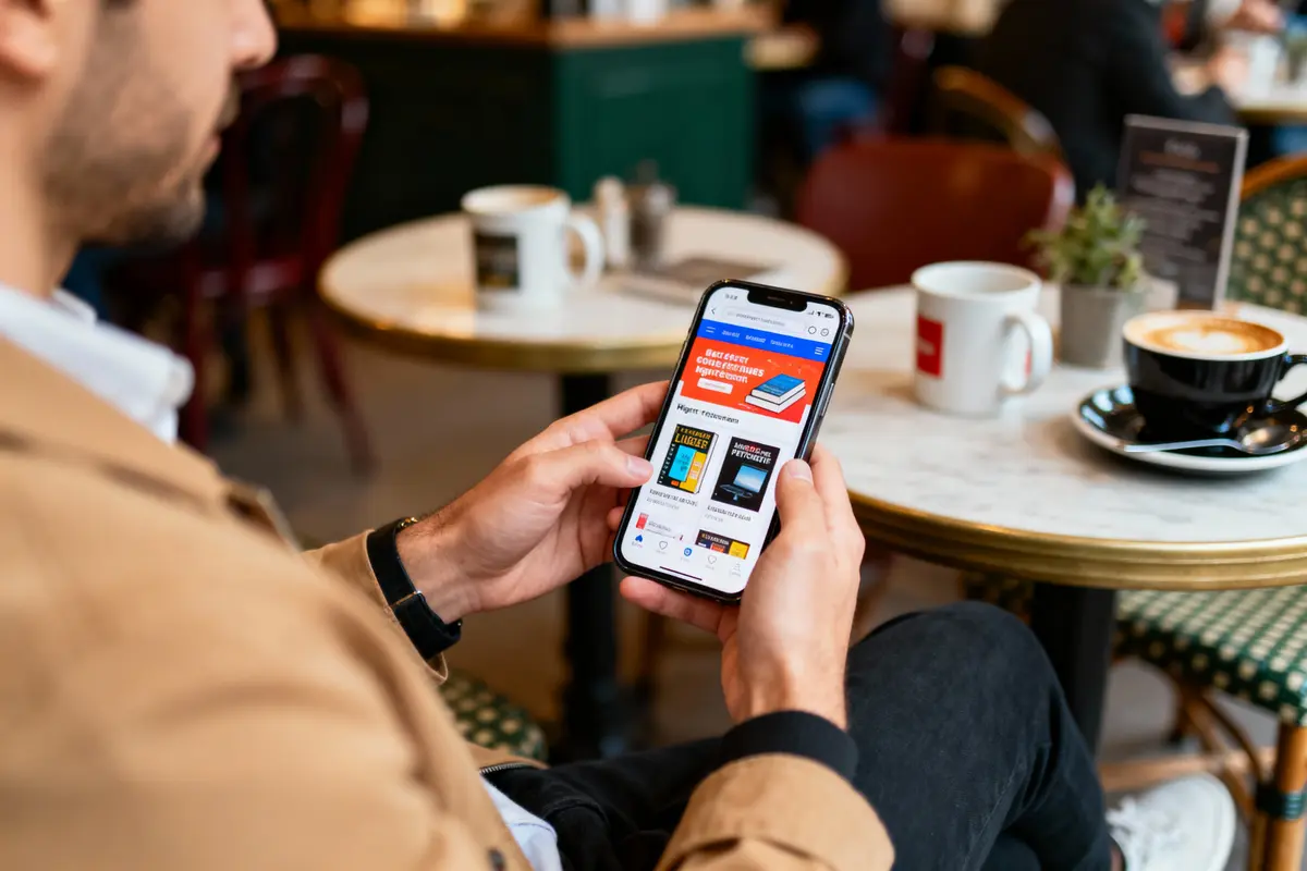 pexels-michal-pech-213601-757318 (1) Personne utilisant un smartphone dans un café, avec boissons sur table en arrière-plan.