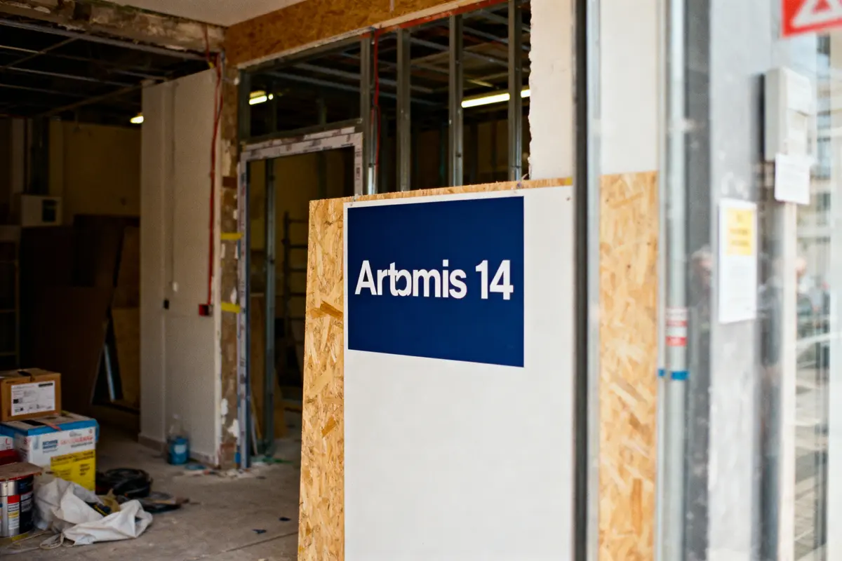 pexels-michal-pech-213601-757318 (1) Intérieur en construction avec panneau "Artemis 14" sur fond bleu et bois aggloméré autour.