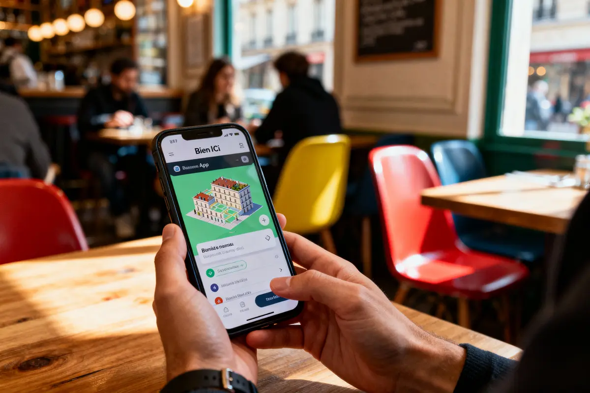 pexels-michal-pech-213601-757318 (1) Personne utilisant une application immobilière sur smartphone dans un café, avec des chaises colorées en arrière-plan.