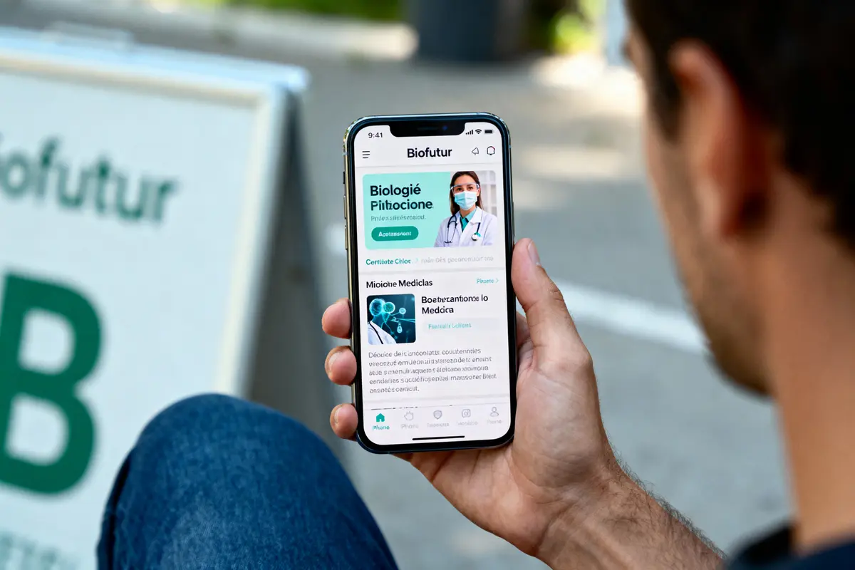pexels-michal-pech-213601-757318 (1) Personne tenant un smartphone affichant l'application Biofutur avec des informations médicales et un professionnel de santé.
