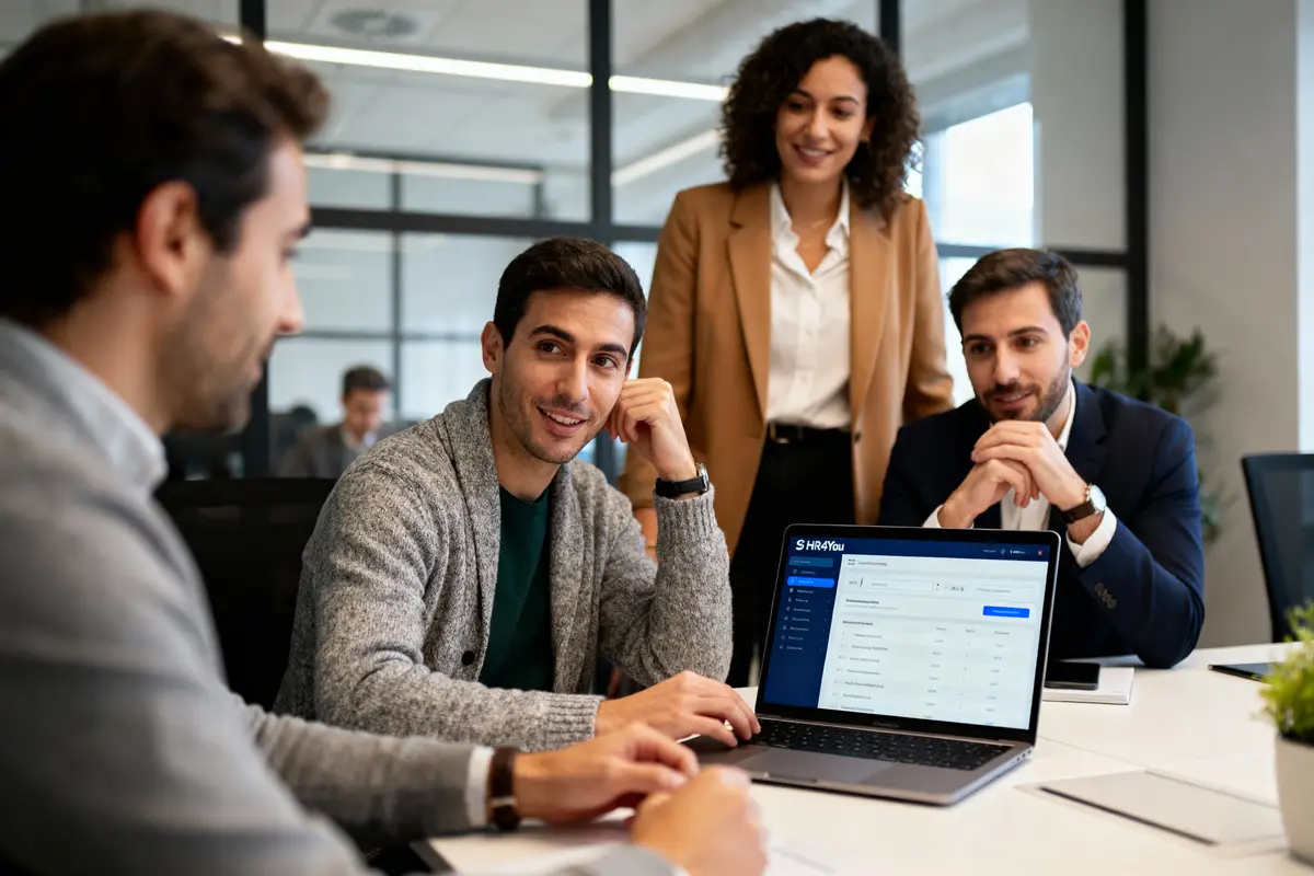 pexels-michal-pech-213601-757318 (1) Quatre personnes discutent dans un bureau, regardant un ordinateur portable affichant une interface de gestion.