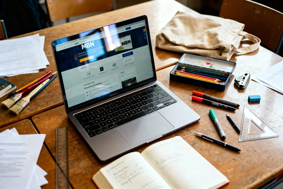 pexels-michal-pech-213601-757318 (1) Ordinateur portable sur bureau en bois, cahier ouvert, fournitures scolaires, boite crayons, règle et documents.