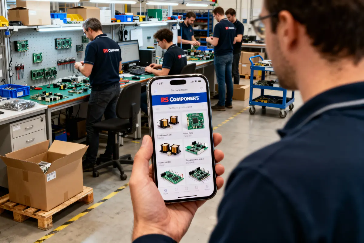 pexels-michal-pech-213601-757318 (1) Personne consulte RS Components sur smartphone, atelier avec techniciens travaillant sur circuits imprimés en arrière-plan.