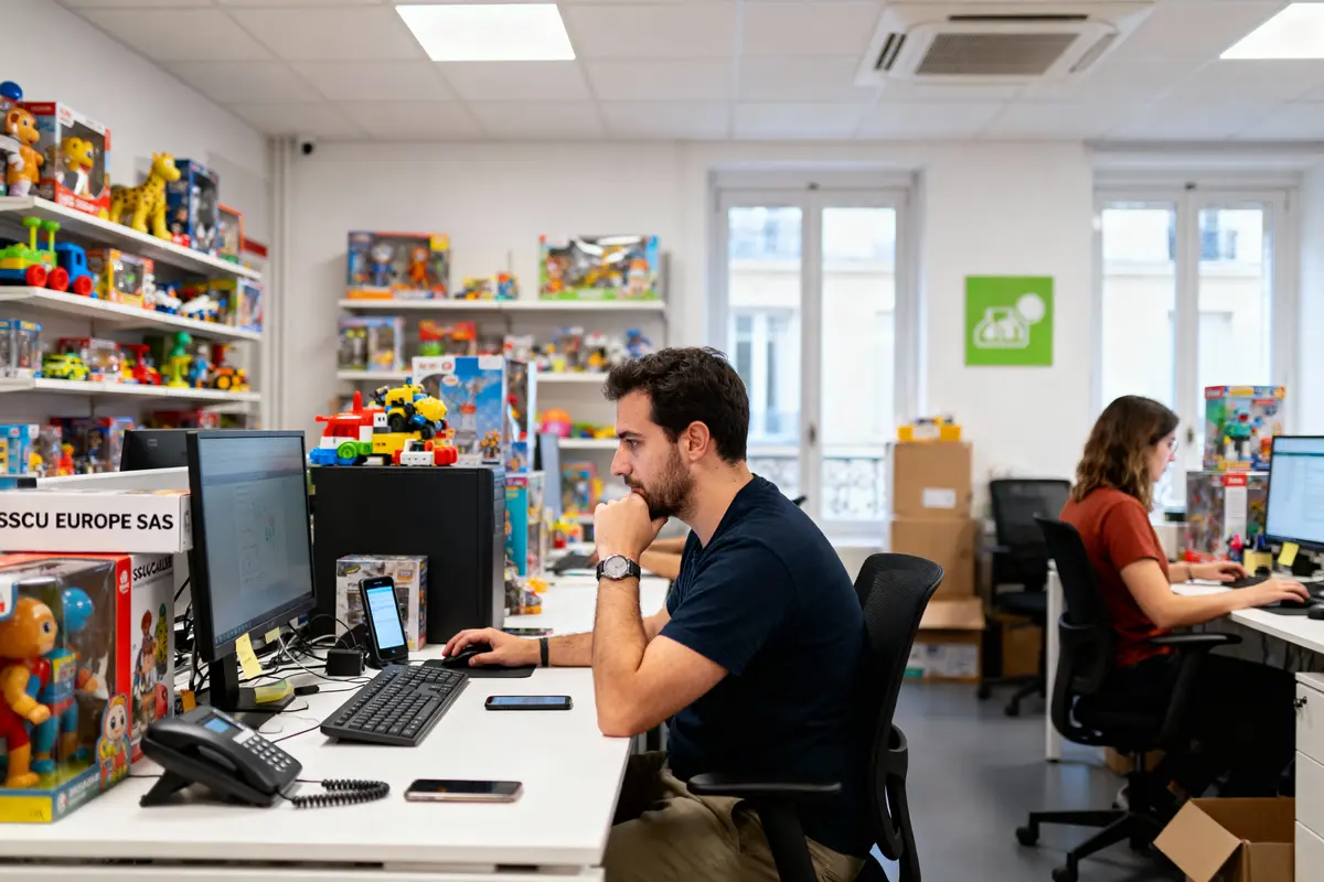 pexels-michal-pech-213601-757318 (1) Deux personnes travaillent sur ordinateurs, entourées de jouets colorés dans un bureau lumineux et moderne.