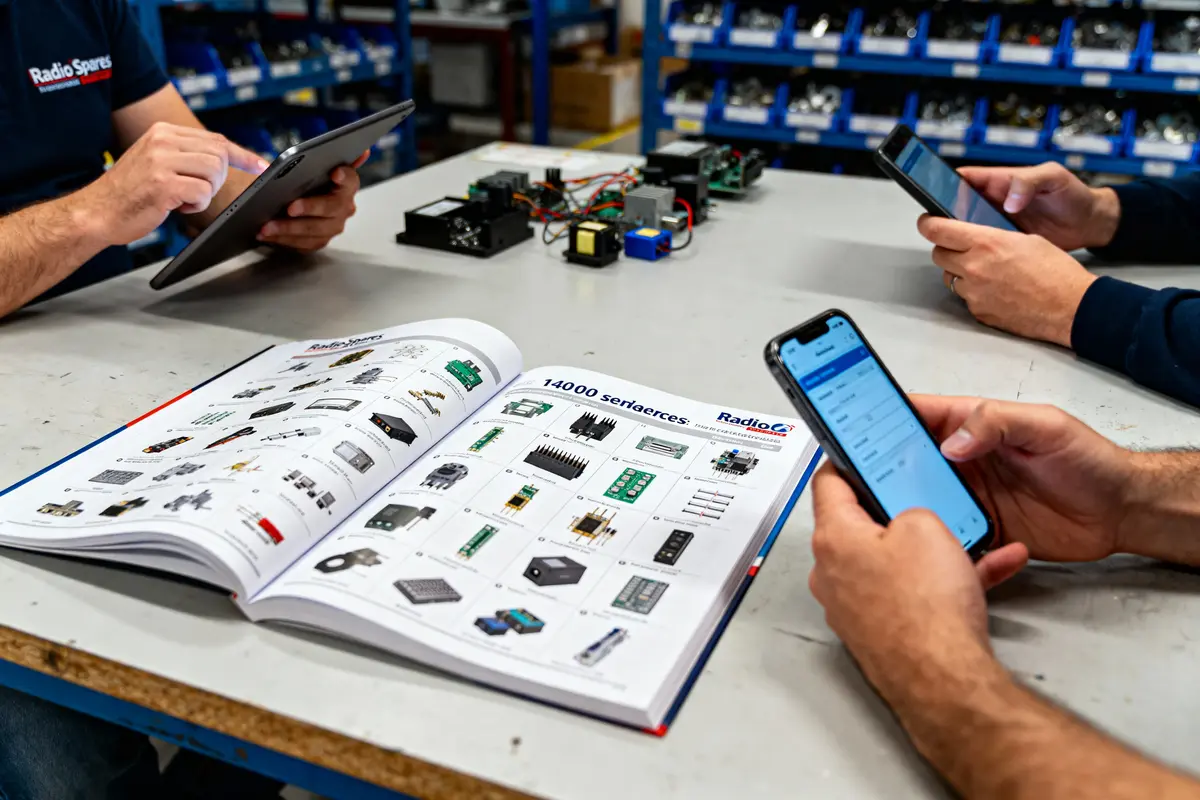 pexels-michal-pech-213601-757318 (1) Trois personnes utilisant des appareils numériques autour d'un catalogue de pièces électroniques sur une table de travail.