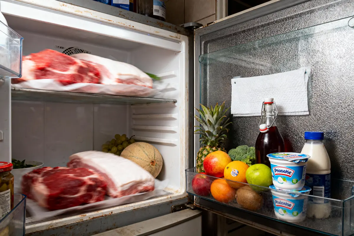 pexels-michal-pech-213601-757318 (1) Réfrigérateur ouvert avec viande, fruits, légumes, bouteille, yaourt et lait sur les étagères et la porte.