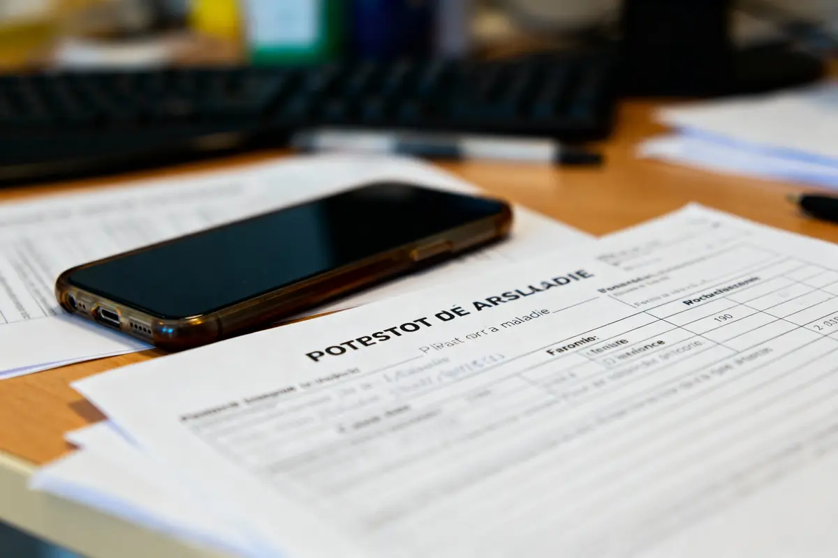 pexels-michal-pech-213601-757318 (1) Smartphone sur documents administratifs sur un bureau, texte illisible, clavier flou en arrière-plan.