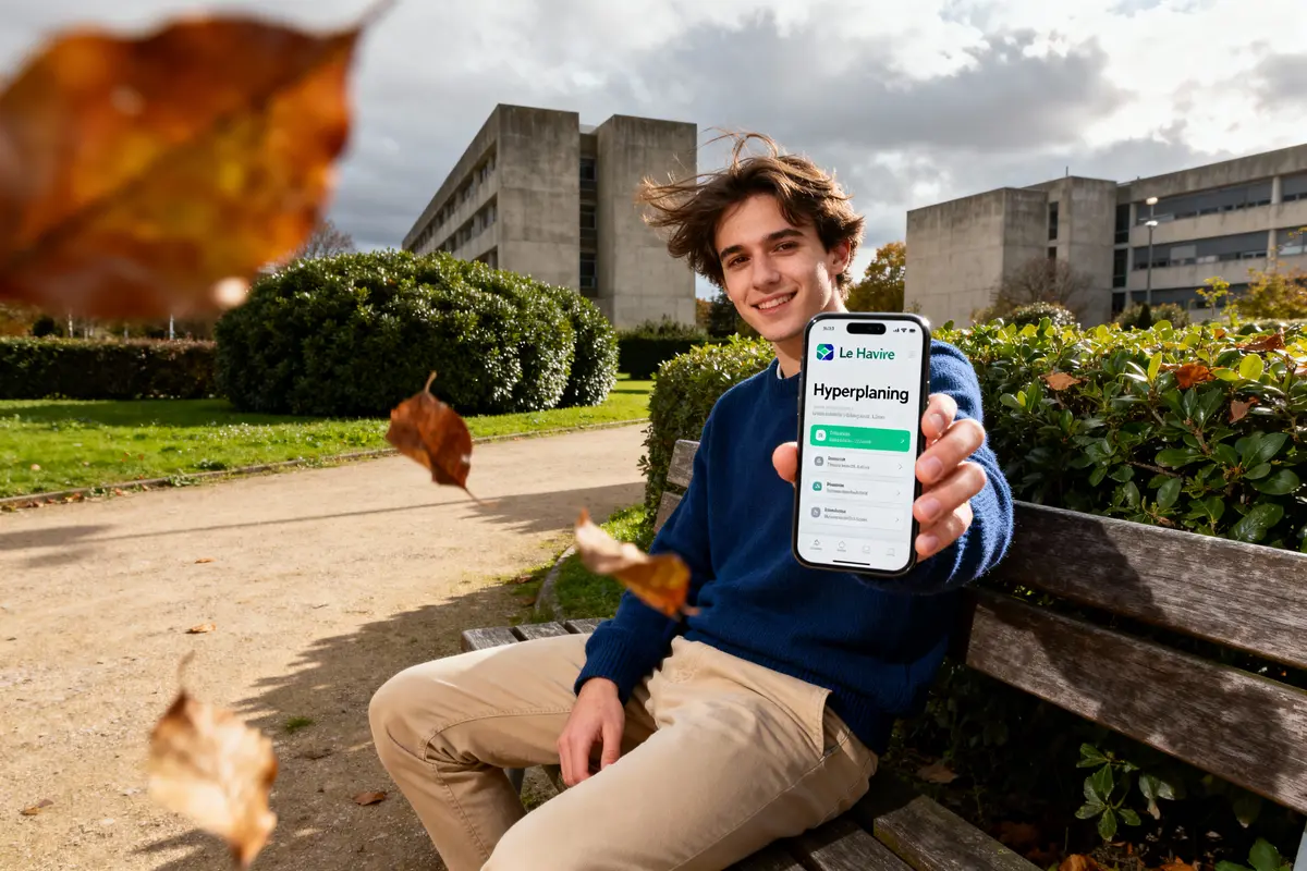 pexels-michal-pech-213601-757318 (1) Jeune homme souriant sur banc parc, tenant smartphone affichant application, feuilles mortes en arrière-plan.