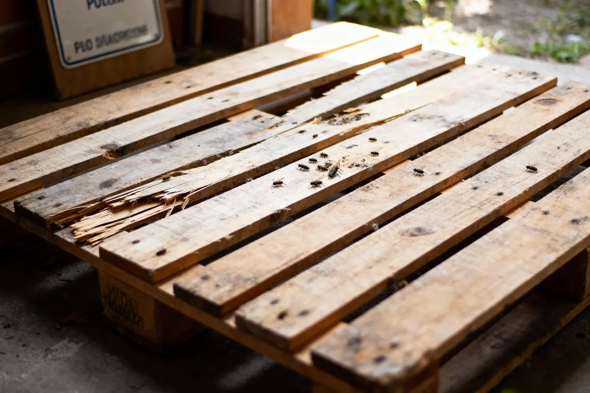 pexels-michal-pech-213601-757318 (1) Palette en bois abîmée avec insectes rampants, située dans un espace intérieur partiellement éclairé par la lumière naturelle.
