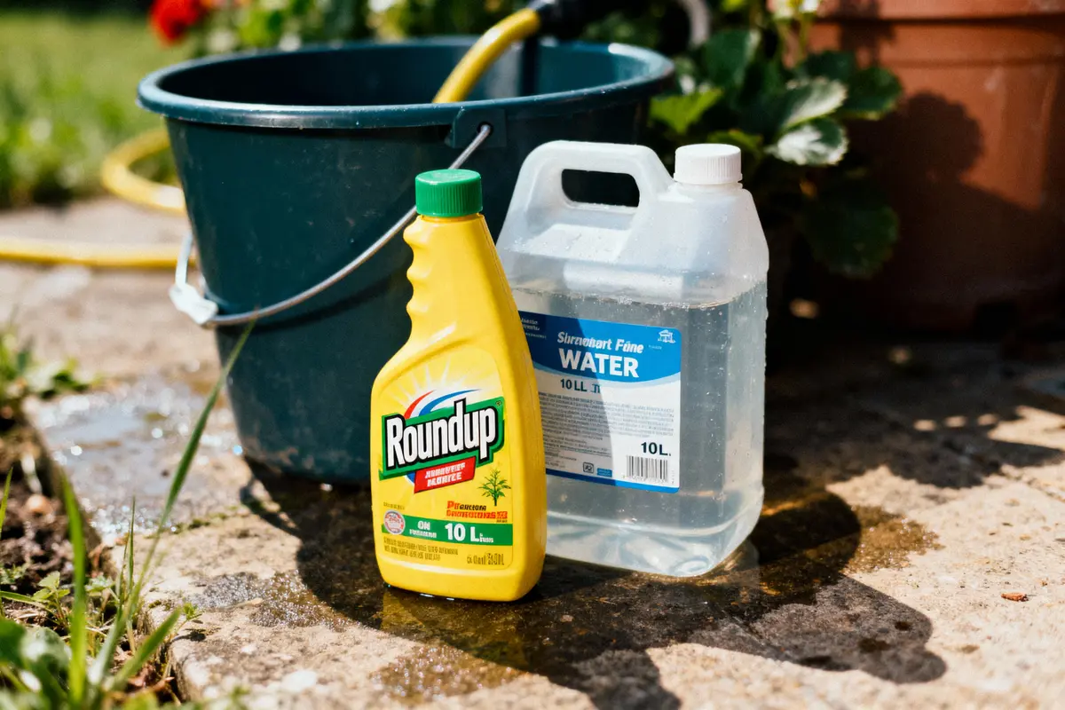 pexels-michal-pech-213601-757318 (1) Bouteille herbicide Roundup et bidon d'eau près d'un seau, tuyau jaune en arrière-plan, extérieur.