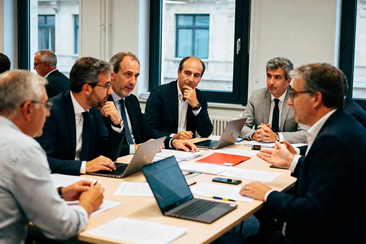 pexels-michal-pech-213601-757318 (1) Huit hommes en costume discutant autour d'une table, avec ordinateurs et documents, dans une salle de réunion.