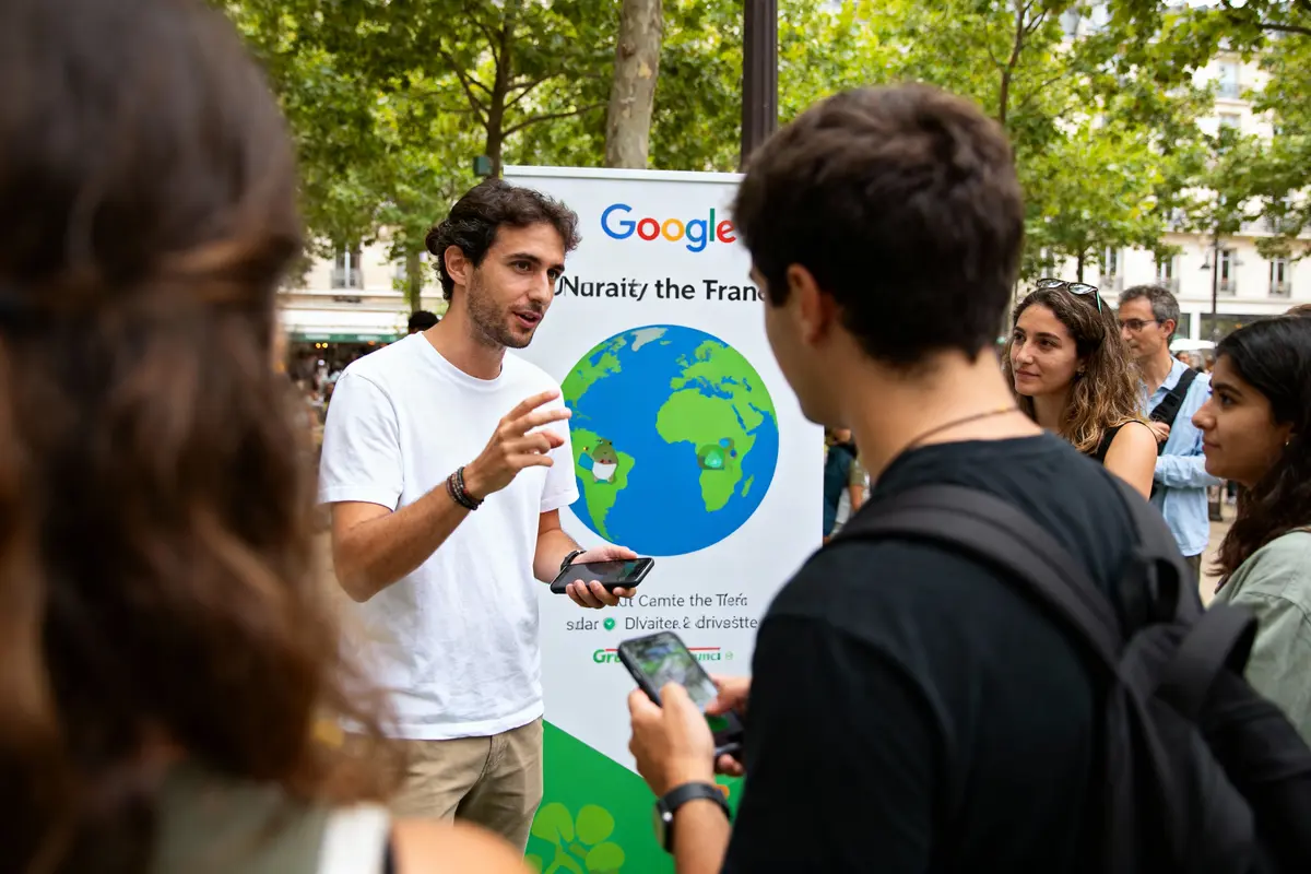 pexels-michal-pech-213601-757318 (1) Personne expliquant devant un stand Google, affichant la Terre, entouré de personnes avec des smartphones, en extérieur.
