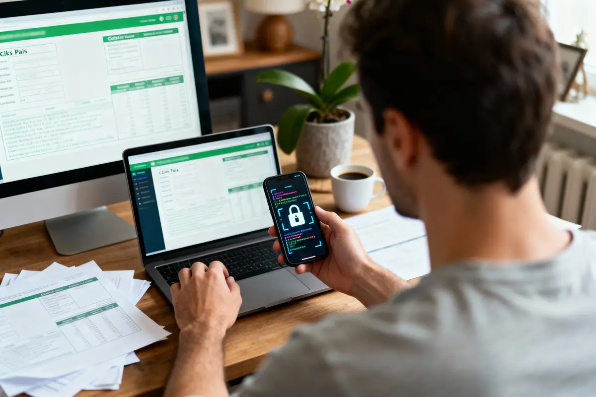pexels-michal-pech-213601-757318 (1) Homme utilisant téléphone et ordinateur portable avec sécurité, bureau avec documents, plante et tasse de café.