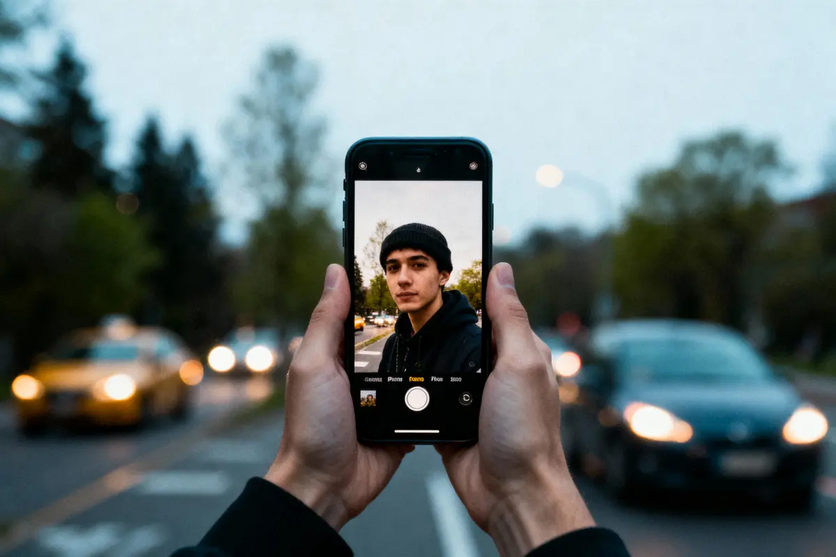 pexels-michal-pech-213601-757318 (1) Personne tenant un smartphone montrant une photo d'un homme sur une route avec voitures en arrière-plan.