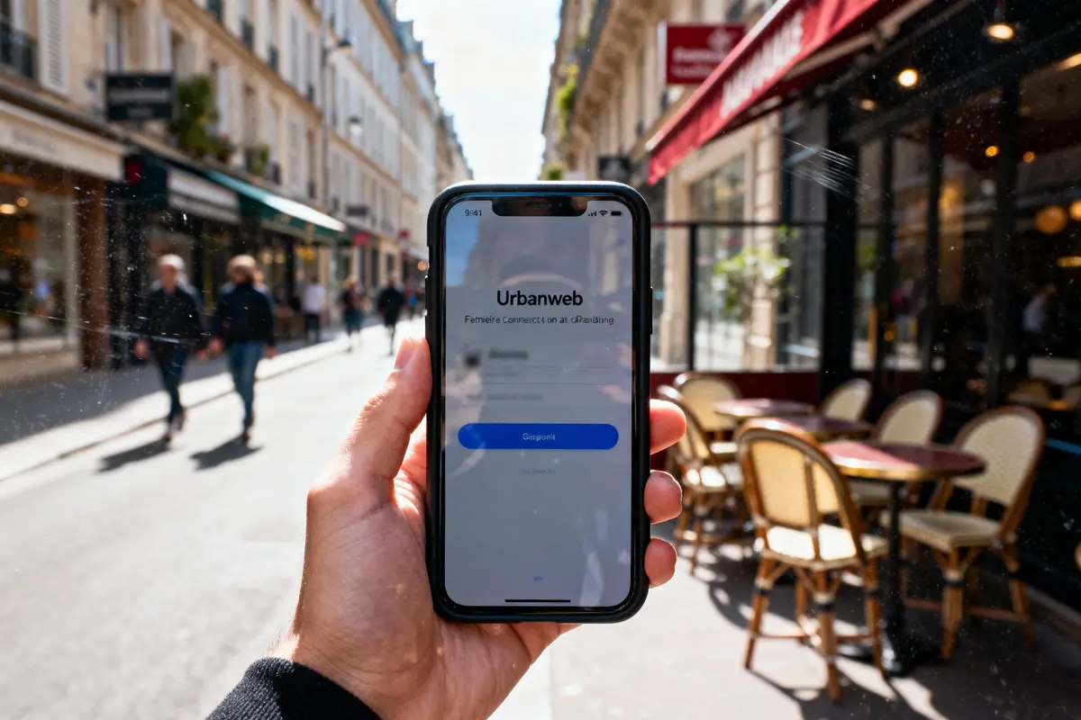 pexels-michal-pech-213601-757318 (1) Main tenant smartphone avec écran Urbanweb, rue animée, café parisien en arrière-plan.