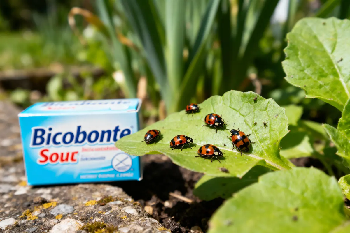 pexels-michal-pech-213601-757318 (1) Coccinelles sur feuille verte avec boîte de bicarbonate en arrière-plan, dans un environnement extérieur.