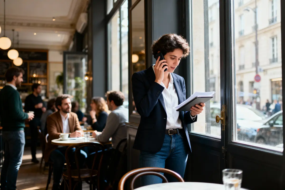 pexels-michal-pech-213601-757318 (1) Personne au téléphone, lisant des documents, dans un café animé avec d'autres clients, décor intérieur élégant.