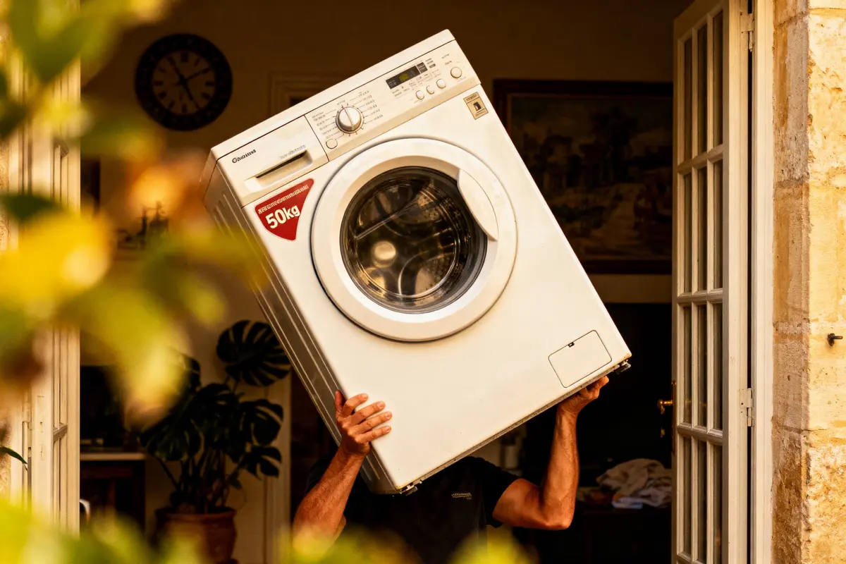pexels-michal-pech-213601-757318 (1) Homme portant une machine à laver sur ses épaules, passant par une porte ouverte, intérieur avec plantes.