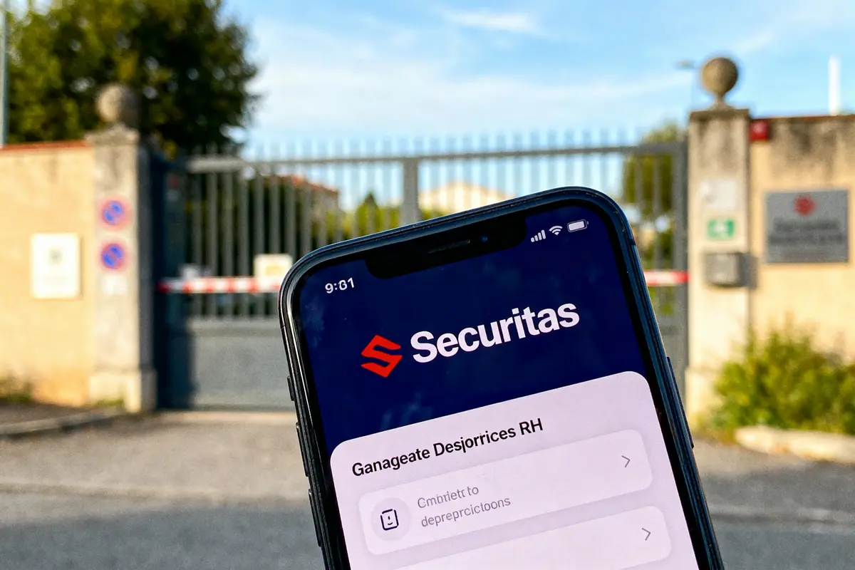 pexels-michal-pech-213601-757318 (1) Téléphone affichant l'application Securitas devant une grille sécurisée en arrière-plan, ciel bleu clair.