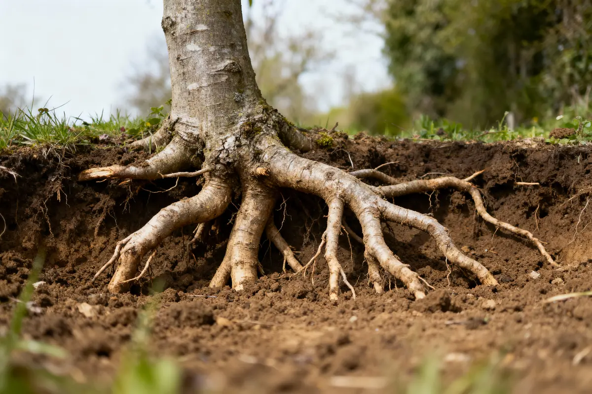 pexels-michal-pech-213601-757318 (1) Arbre avec racines apparentes dans un sol déterré, entouré de végétation et herbe verte.