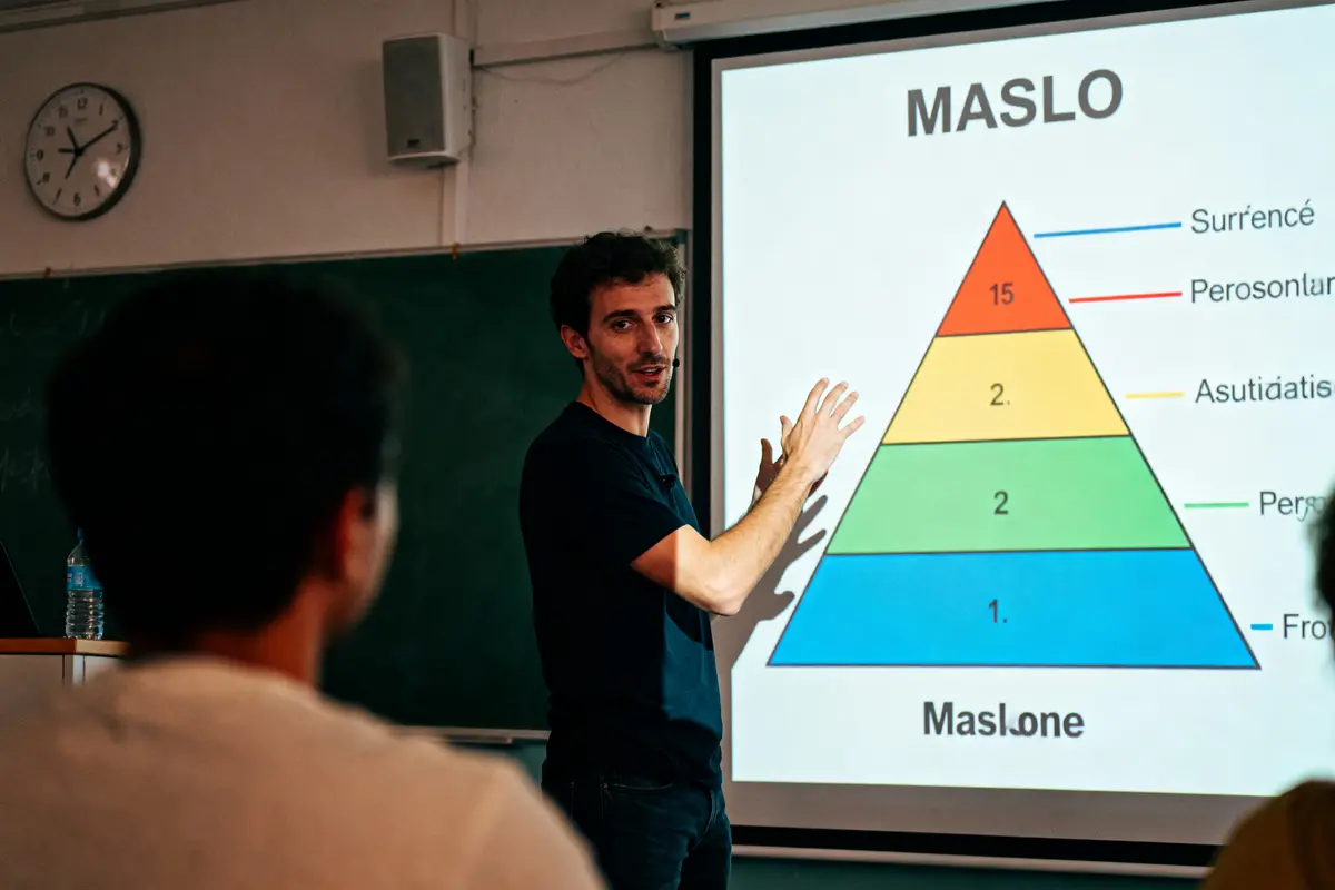 pexels-michal-pech-213601-757318 (1) Un homme présente une pyramide colorée de Maslow, devant une classe, avec un projecteur.