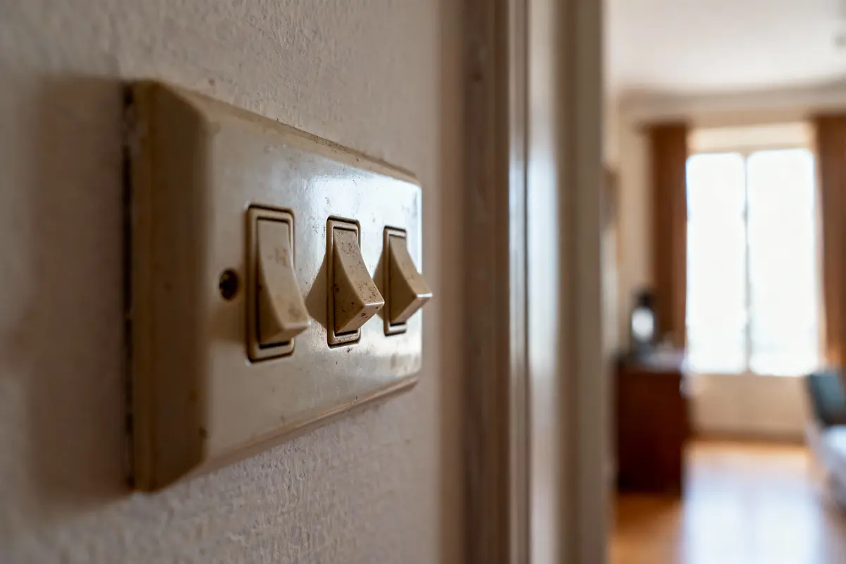 pexels-michal-pech-213601-757318 (1) Interrupteurs en gros plan, mur beige, pièce lumineuse floue en arrière-plan avec fenêtre et rideaux.