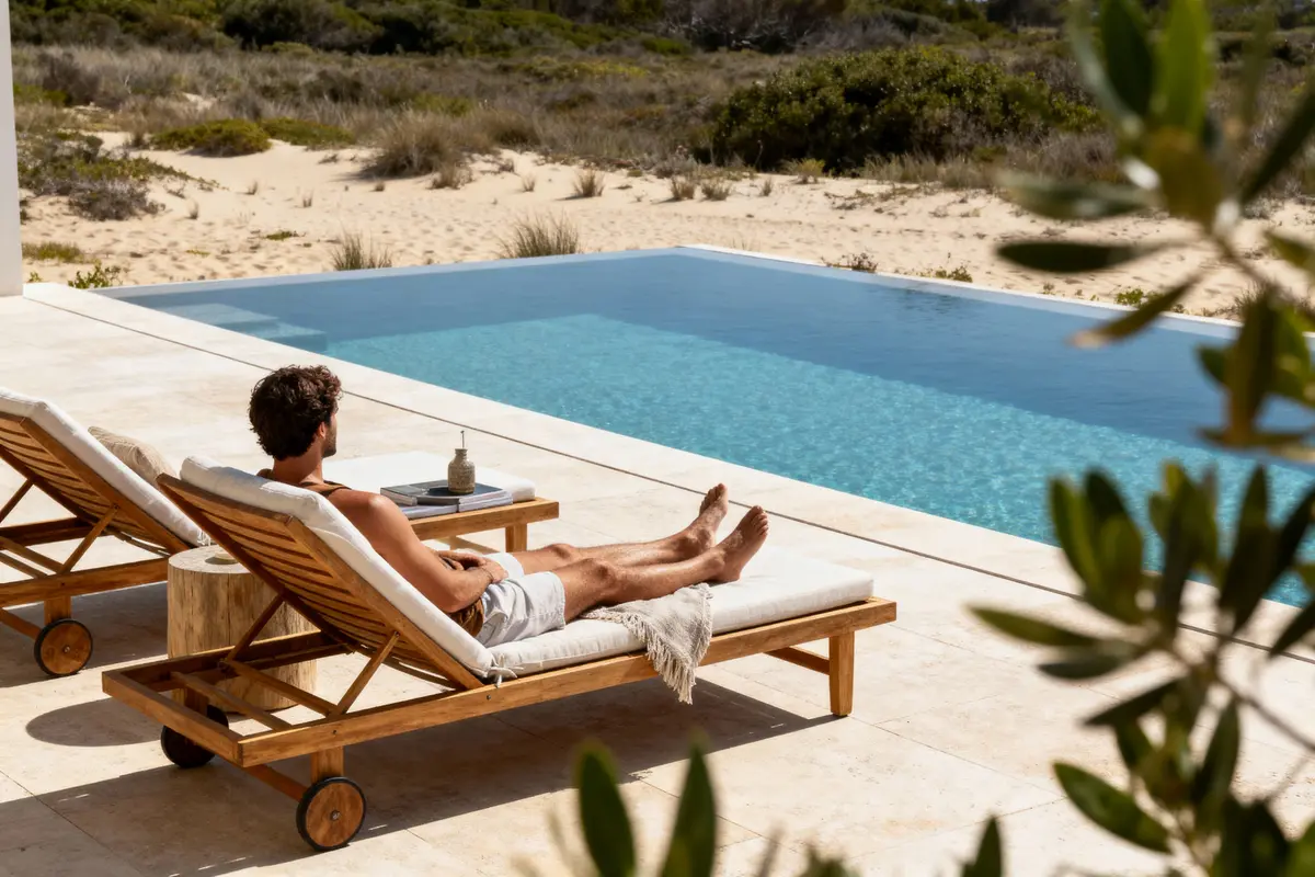 pexels-michal-pech-213601-757318 (1) Homme se relaxant sur transat près piscine, nature en arrière-plan, journée ensoleillée.