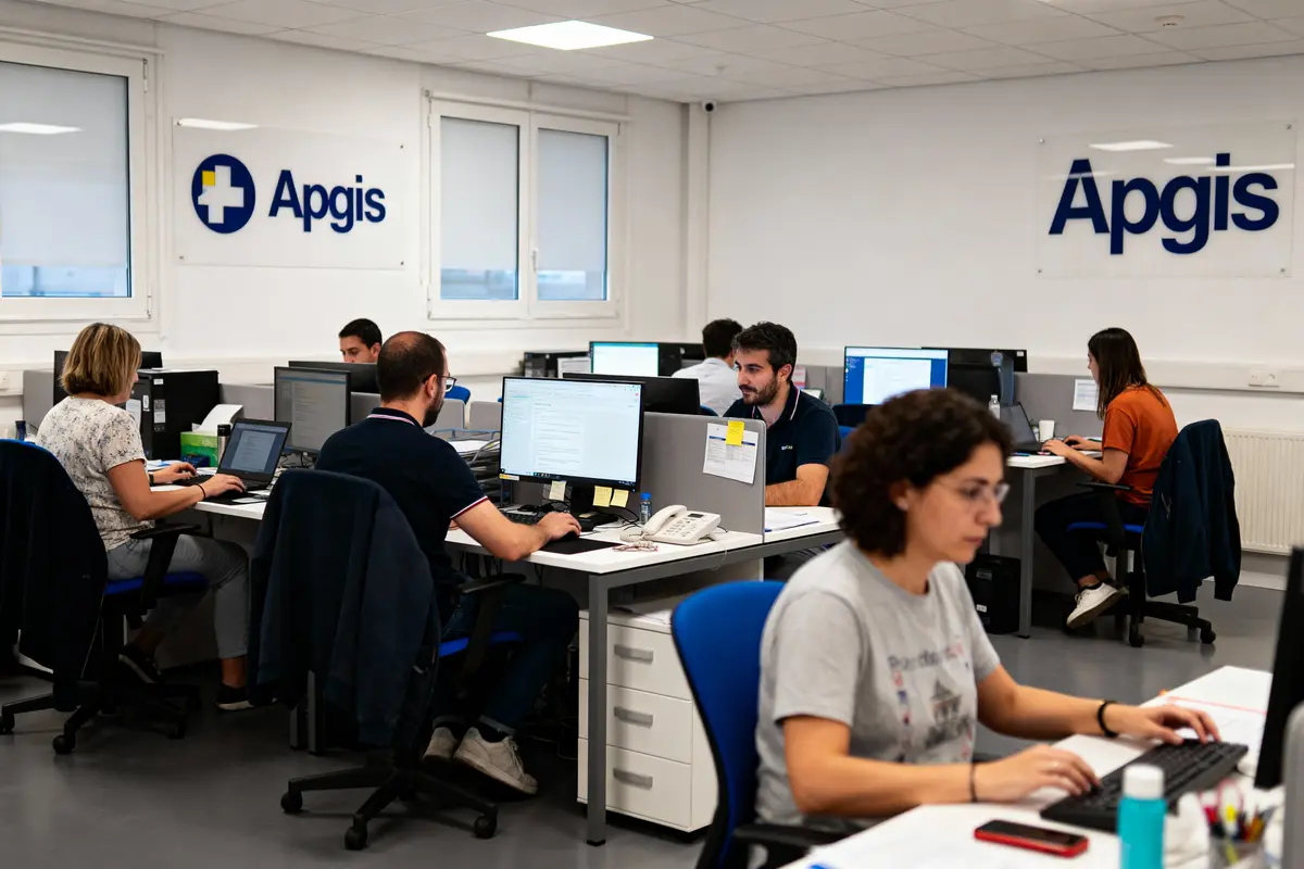 pexels-michal-pech-213601-757318 (1) Personnes travaillant dans un bureau moderne, logo Apgis sur les murs, utilisant des ordinateurs.