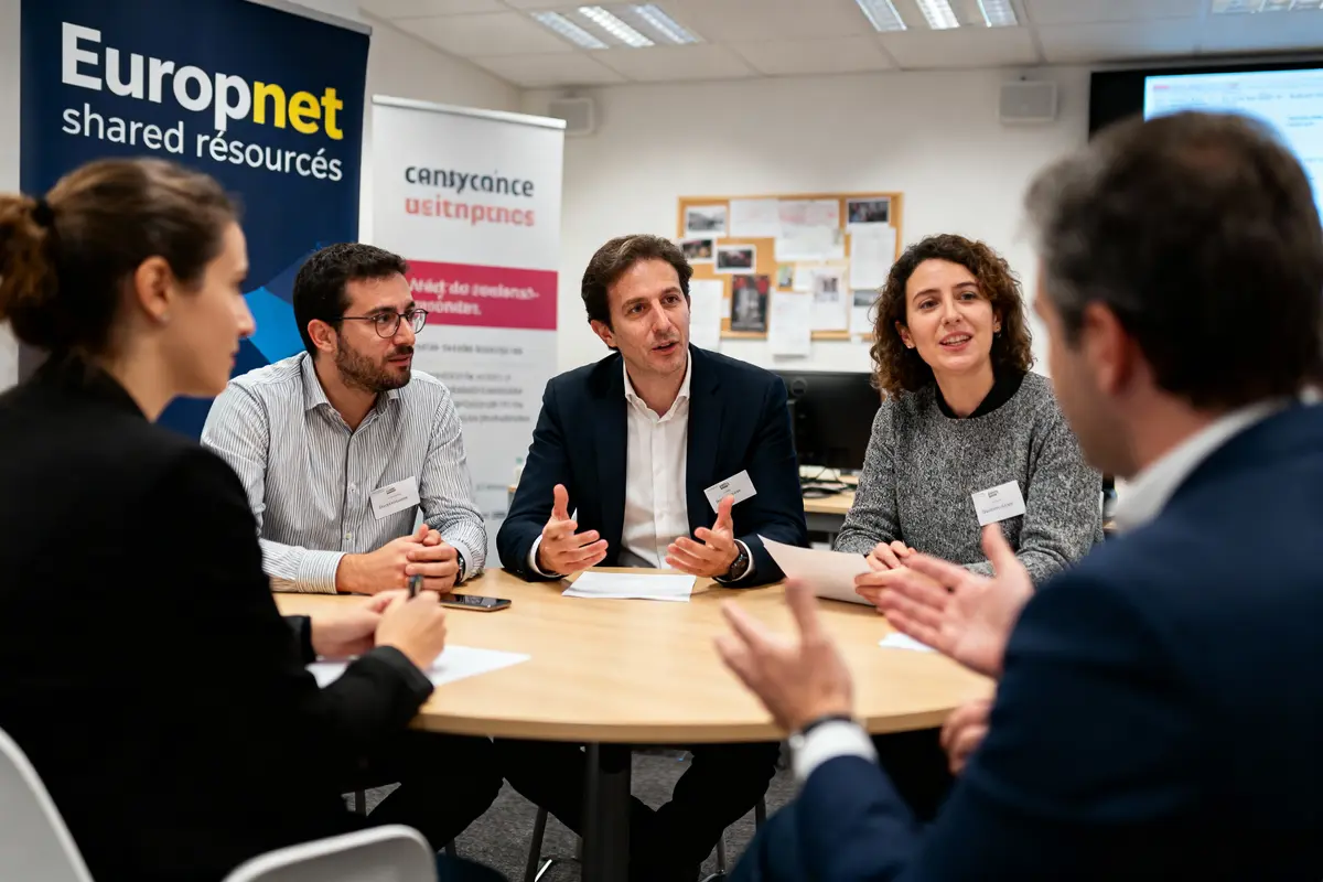 pexels-michal-pech-213601-757318 (1) Personnes discutant autour d'une table en réunion professionnelle, avec affiches d'entreprise en arrière-plan.