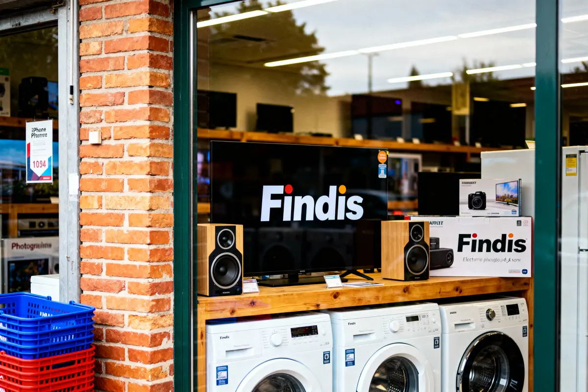 pexels-michal-pech-213601-757318 (1) Façade de magasin avec téléviseur Findis, enceintes et lave-linges exposés derrière une vitre.