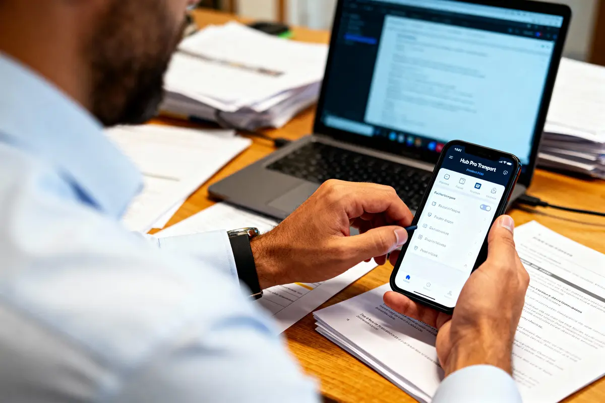 pexels-michal-pech-213601-757318 (1) Personne utilisant un smartphone devant un ordinateur portable avec documents sur un bureau en bois.