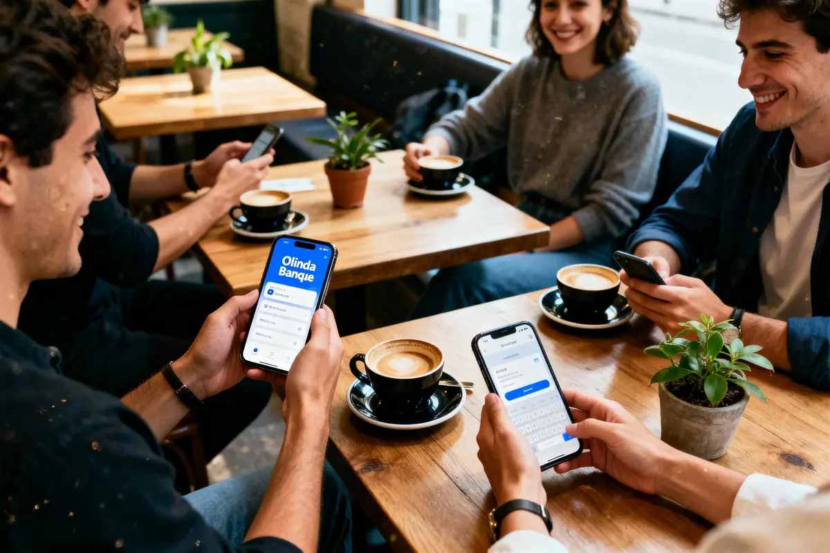 pexels-michal-pech-213601-757318 (1) Quatre personnes souriantes utilisant des smartphones dans un café, boissons et plantes sur la table.