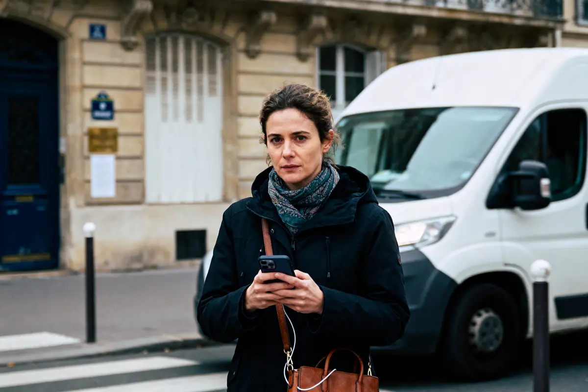 pexels-michal-pech-213601-757318 (1) Femme sur un passage piéton, utilisant un smartphone, devant une camionnette blanche en ville.
