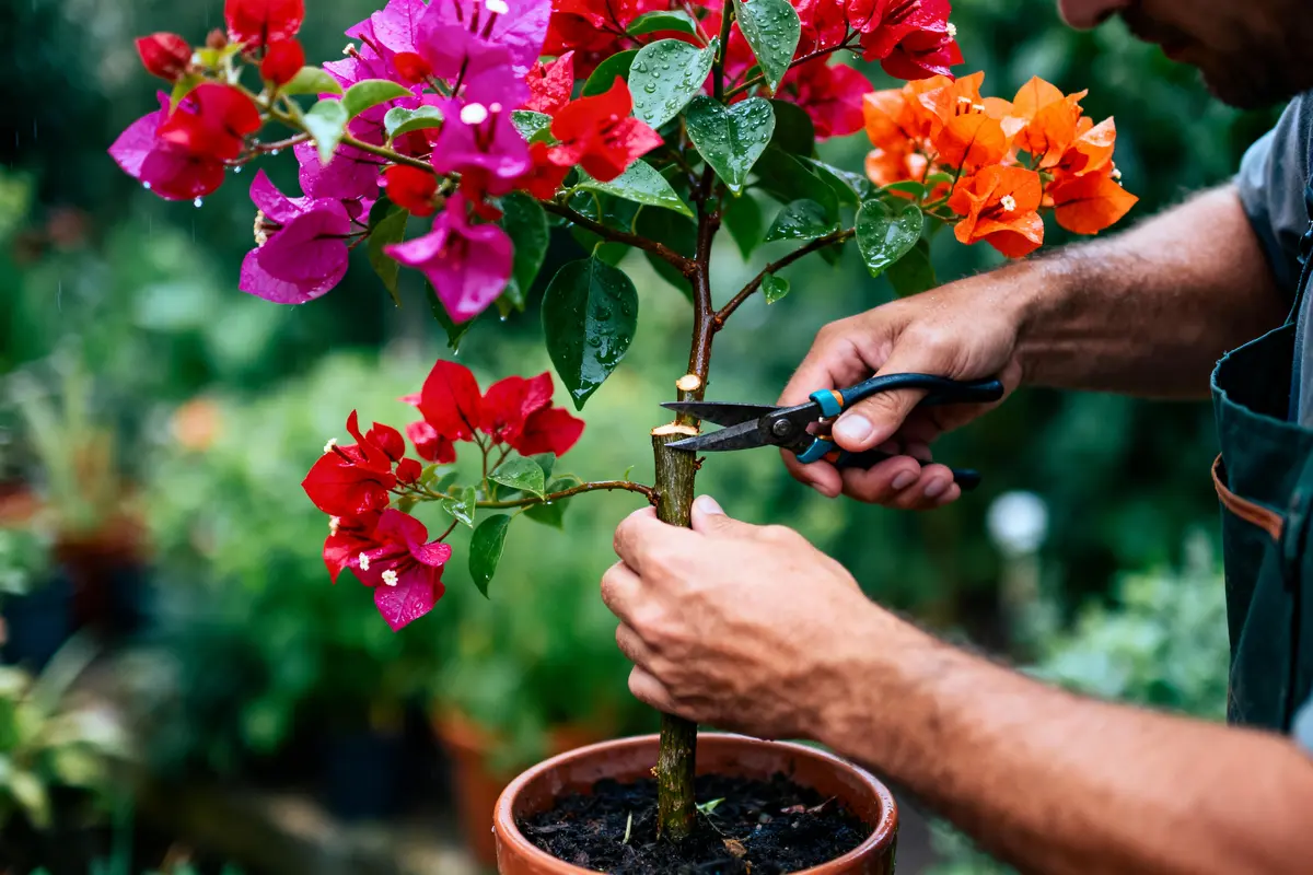 pexels-michal-pech-213601-757318 (1) Personne taillant un petit arbre fleuri coloré en pot, à l'aide de sécateurs, dans un jardin verdoyant.