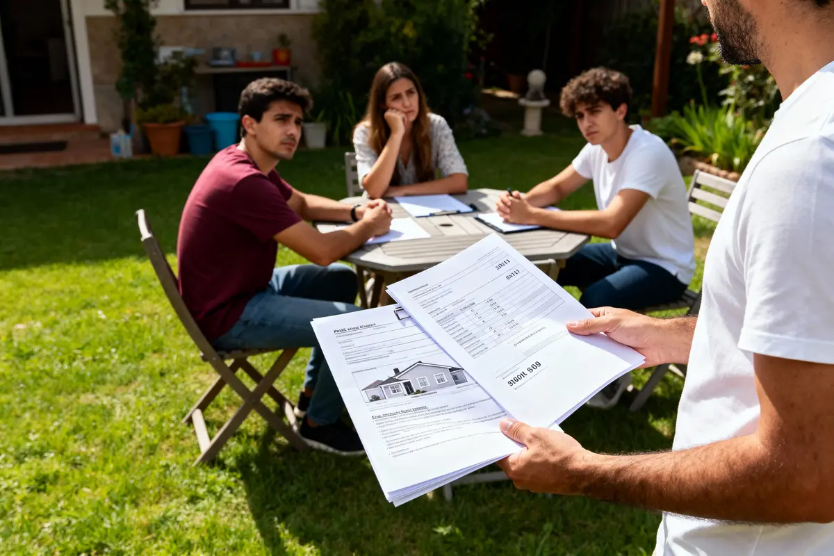 pexels-michal-pech-213601-757318 (1) Quatre personnes discutant de documents immobiliers à l'extérieur, autour d'une table dans un jardin ensoleillé.