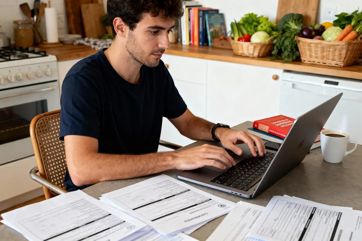 pexels-michal-pech-213601-757318 (1) Homme à ordinateur portable entouré de papiers, livres, tasse de café, cuisine en arrière-plan.