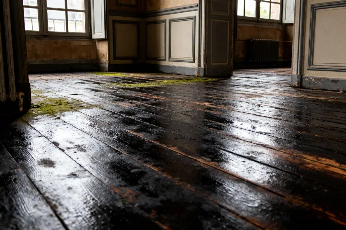 pexels-michal-pech-213601-757318 (1) Plancher en bois sombre et humide avec mousse, intérieur lumineux, fenêtres et boiseries décoratives.