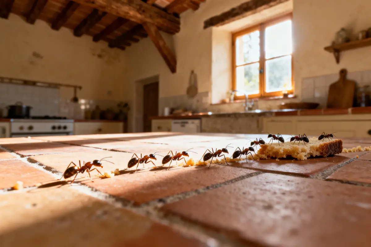 pexels-michal-pech-213601-757318 (1) Fourmis transportant des morceaux de pain sur une table en briques dans une cuisine rustique ensoleillée.