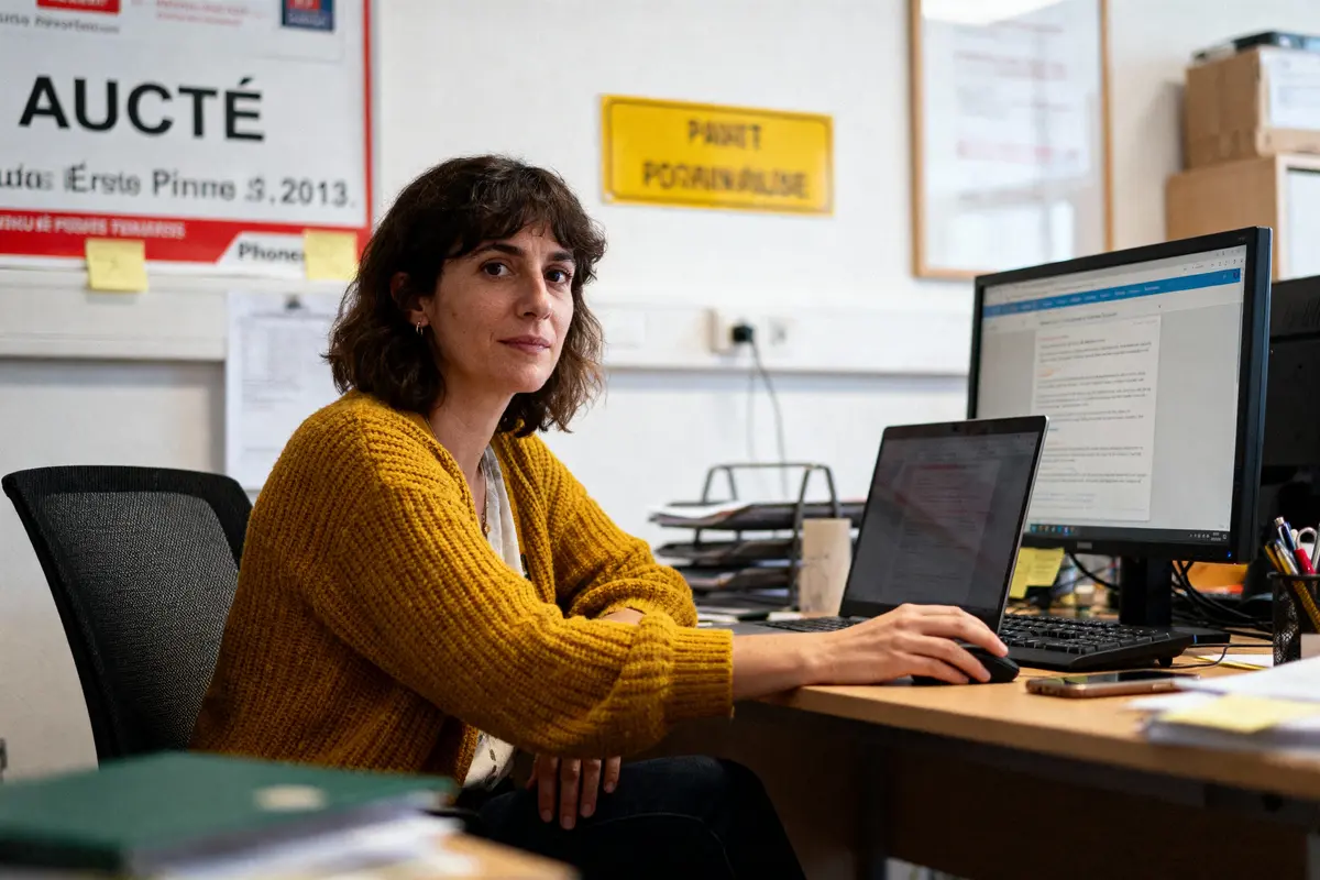 pexels-michal-pech-213601-757318 (1) Femme à un bureau avec ordinateur, vêtue d'un cardigan jaune, entourée de documents.
