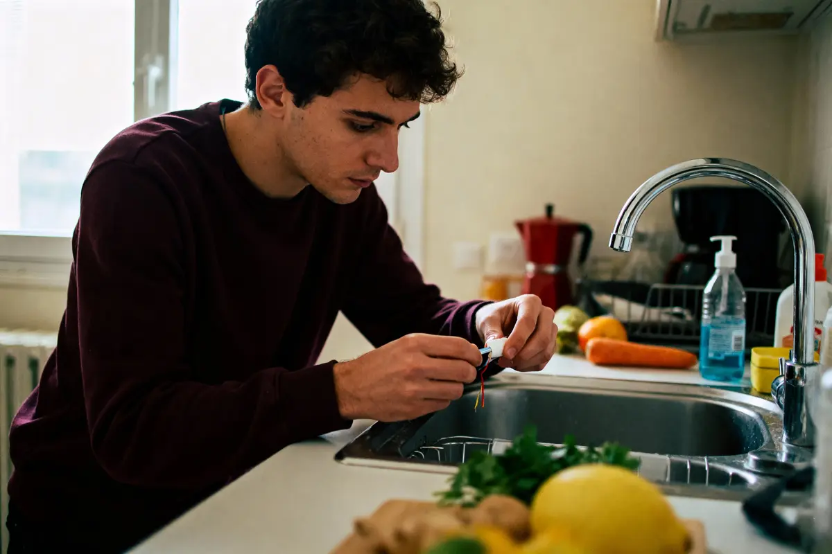 pexels-michal-pech-213601-757318 (1) Jeune homme concentré, cuisine, nettoyant des légumes. Sink, fruits, et ustensiles visibles à proximité. Lumière naturelle.